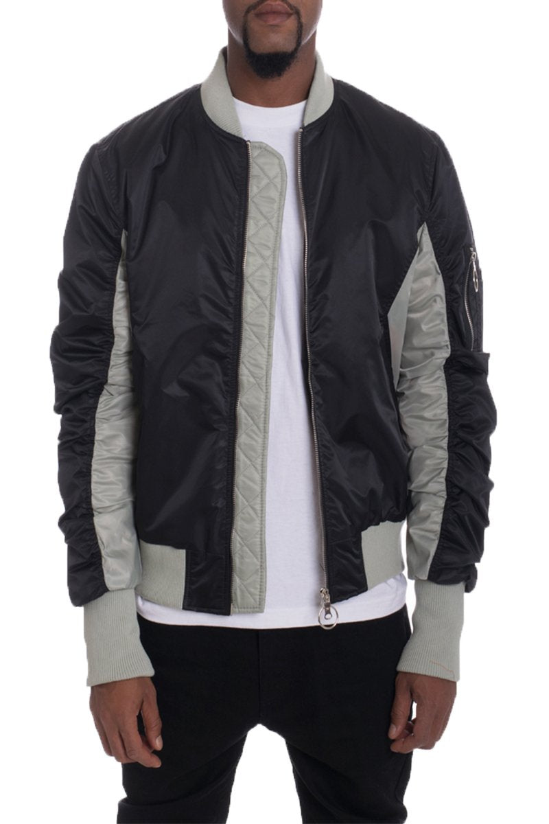 Picture of a Men's Black and Grey Two Tone Bomber Jacket front view