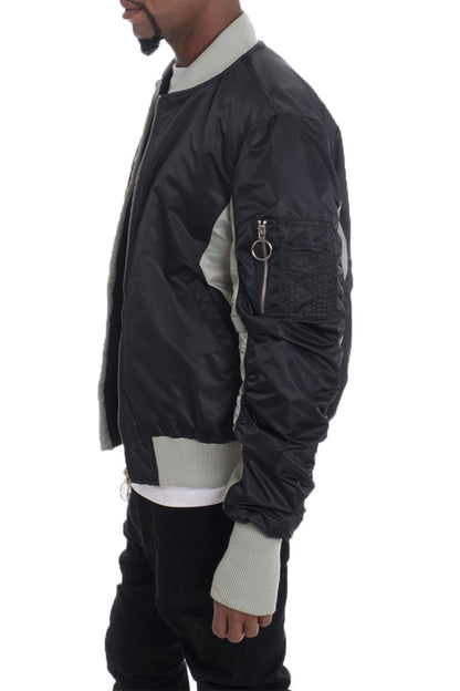 Picture of a Men's Black and Grey Two Tone Bomber Jacket side view