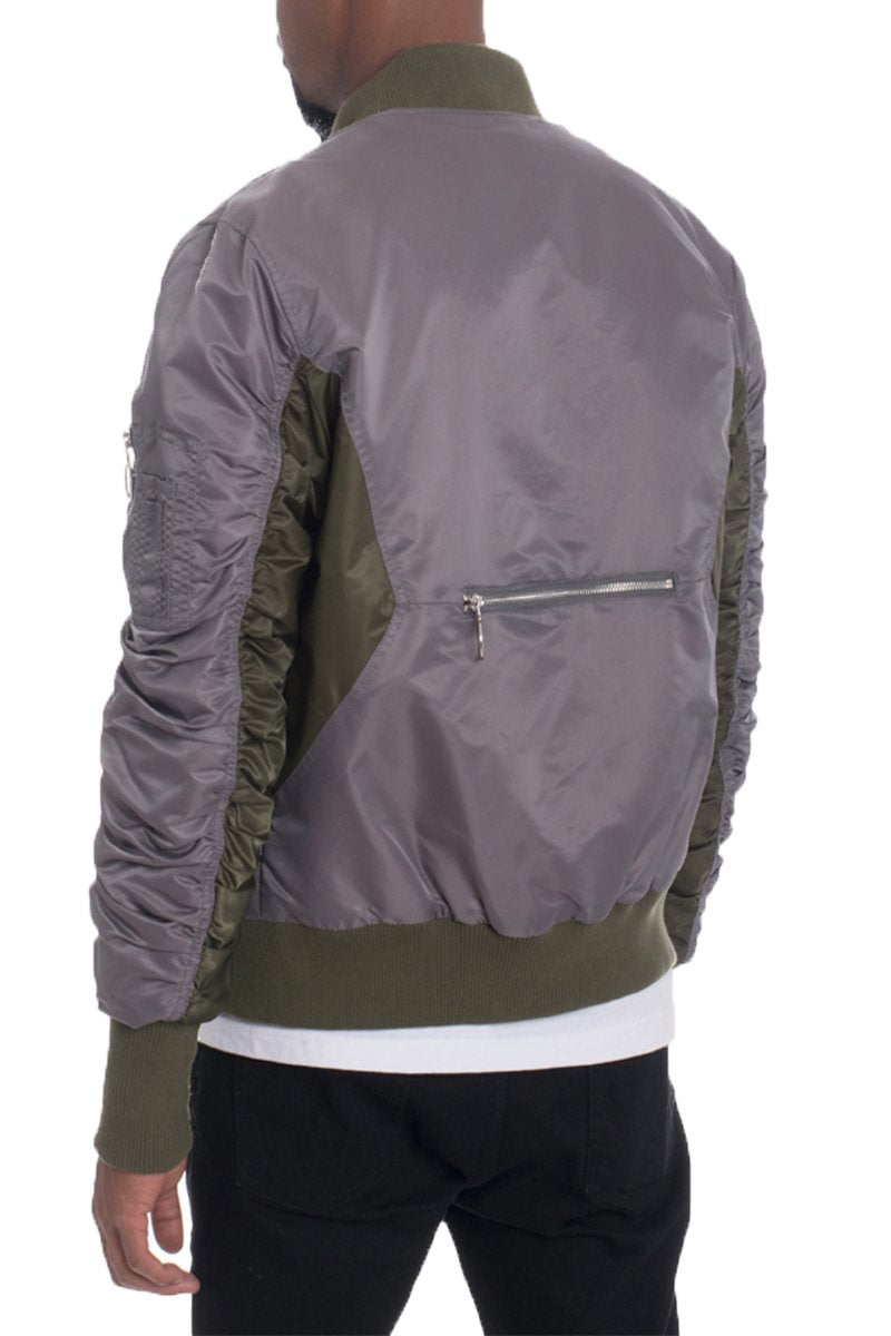 Picture of a Men's Violet and Dark Grey Two Tone Bomber Jacket back view