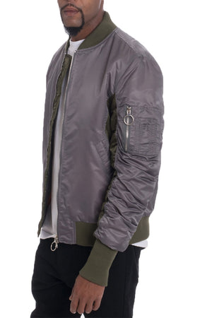 Picture of a Men's Violet and Dark Grey Two Tone Bomber Jacket side view