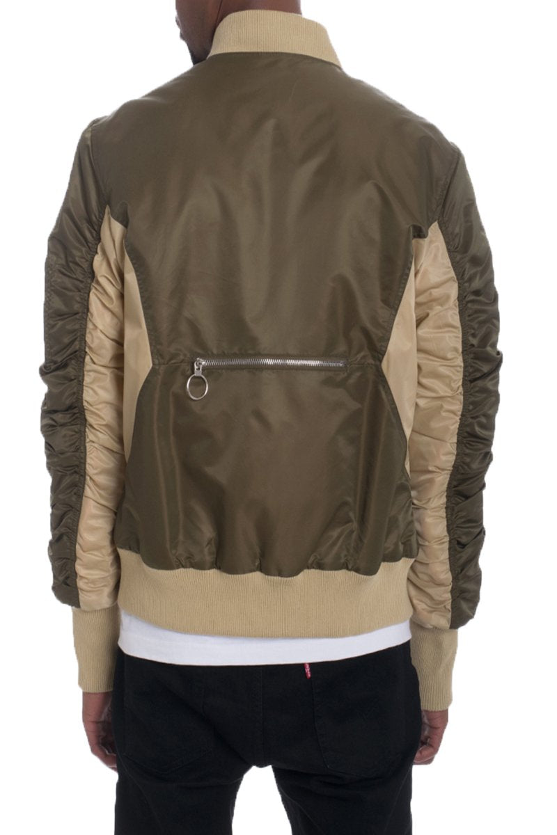 Picture of a Men's Brown and Khaki Two Tone Bomber Jacket back view