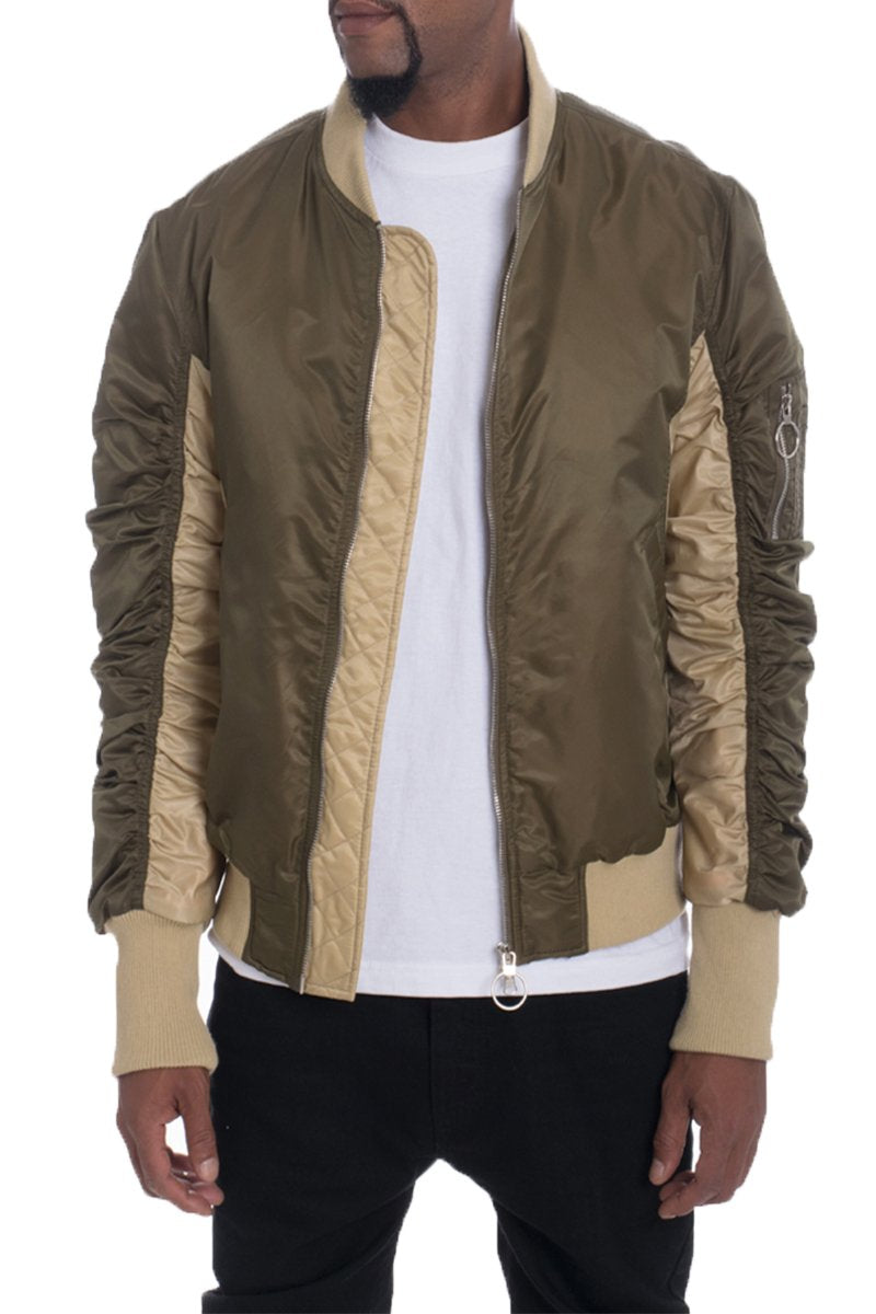 Picture of a Men's Brown and Khaki Two Tone Bomber Jacket front view