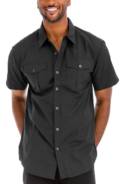 Men's Double Breast Pocket Black Button Down Short Sleeve Shirt