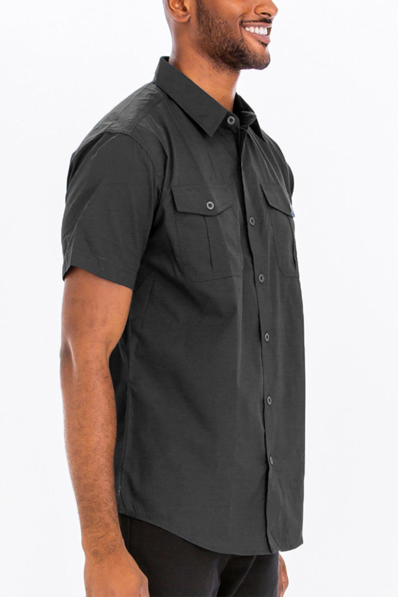 Men's Double Breast Pocket Black Button Down Short Sleeve Shirt