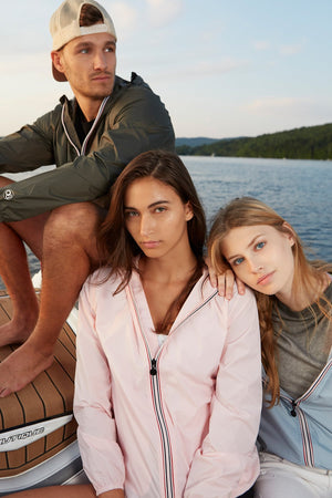 Picture of a Men's Full Zip Olive Green Waterproof Rain Jacket on the lake with models