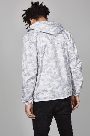 Picture of a Men's Quarter Zip White Camo Waterproof Rain Jacket back view model shot