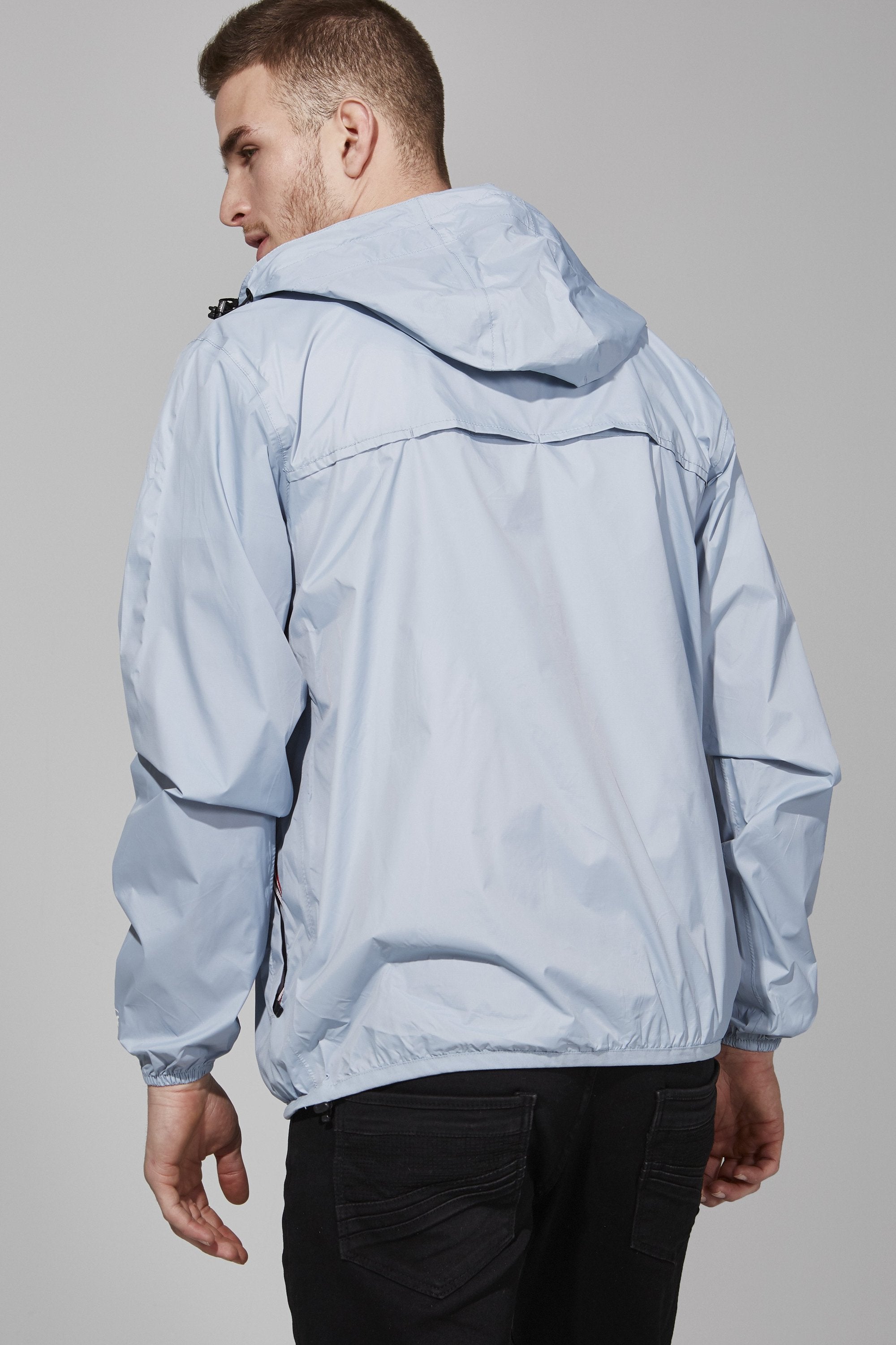 Picture of a Men's Full Zip Blue Waterproof Rain Jacket back view