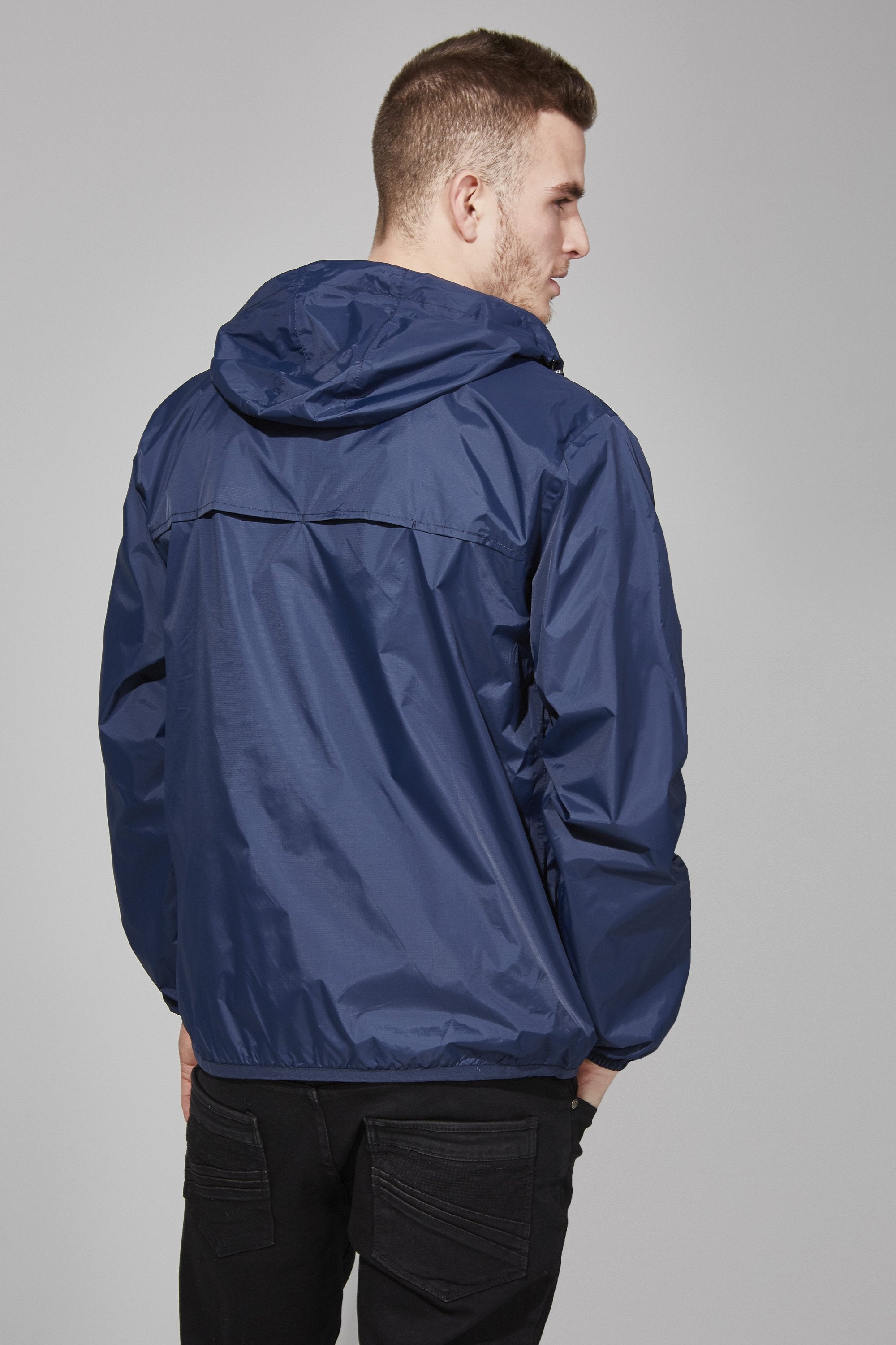 Picture of a Men's Full Zip Navy Blue Waterproof Rain Jacket back view
