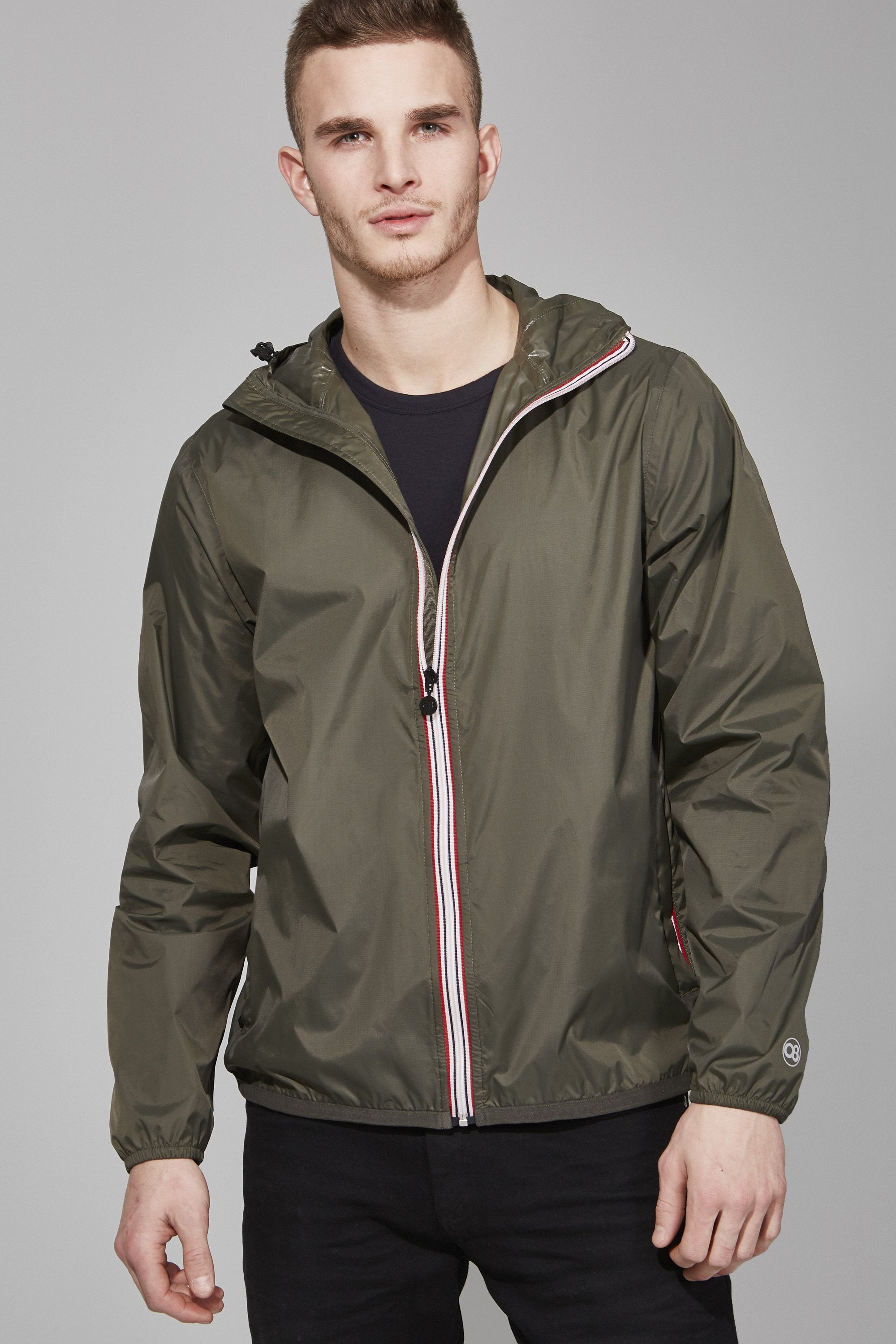 Picture of a Men's Full Zip Olive Green Waterproof Rain Jacket front view