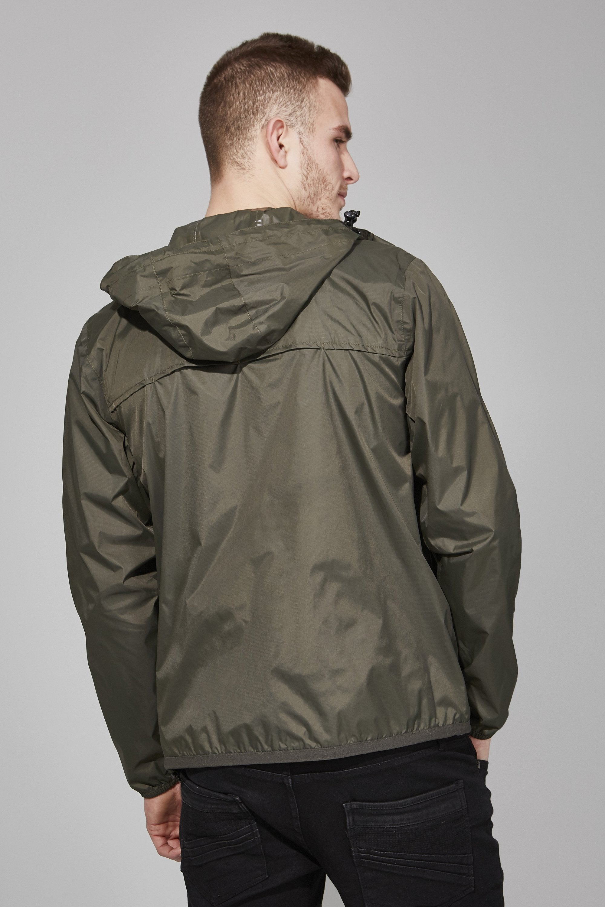 Picture of a Men's Full Zip Olive Green Waterproof Rain Jacket back view