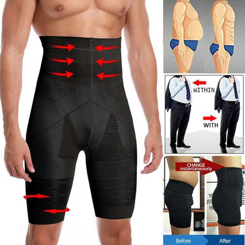 Picture of a Men's Body Shaping and Weight Loss Compression Pants infographic on how it works to shape the waist
