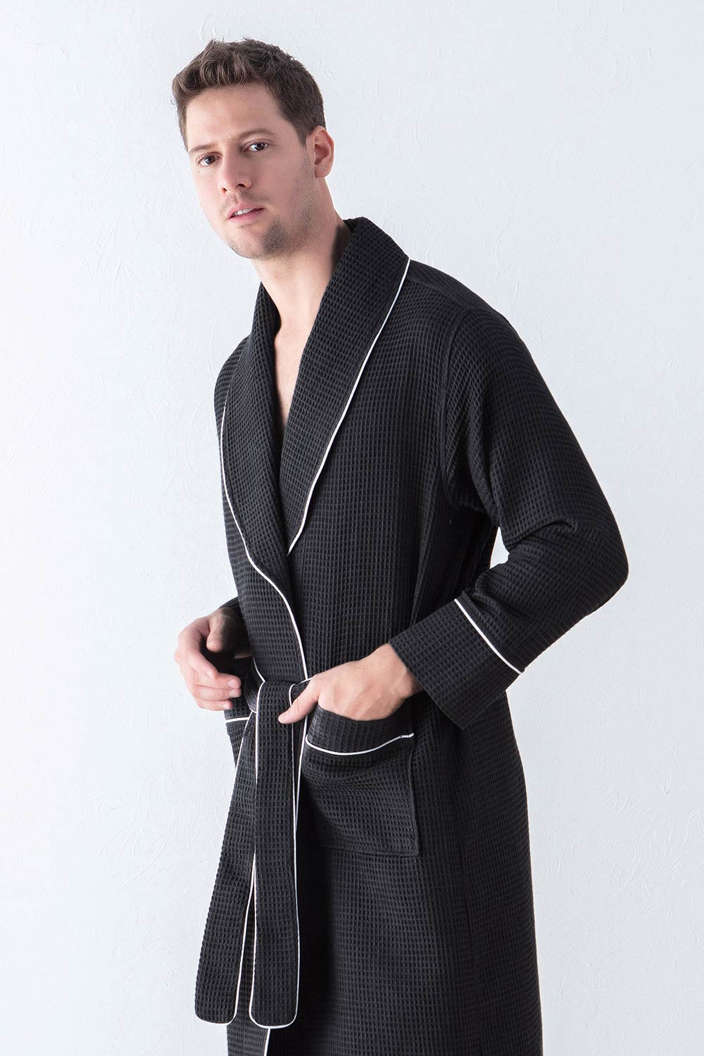 Picture of a Men's Luxury Waffle Knit Robe in white front view black