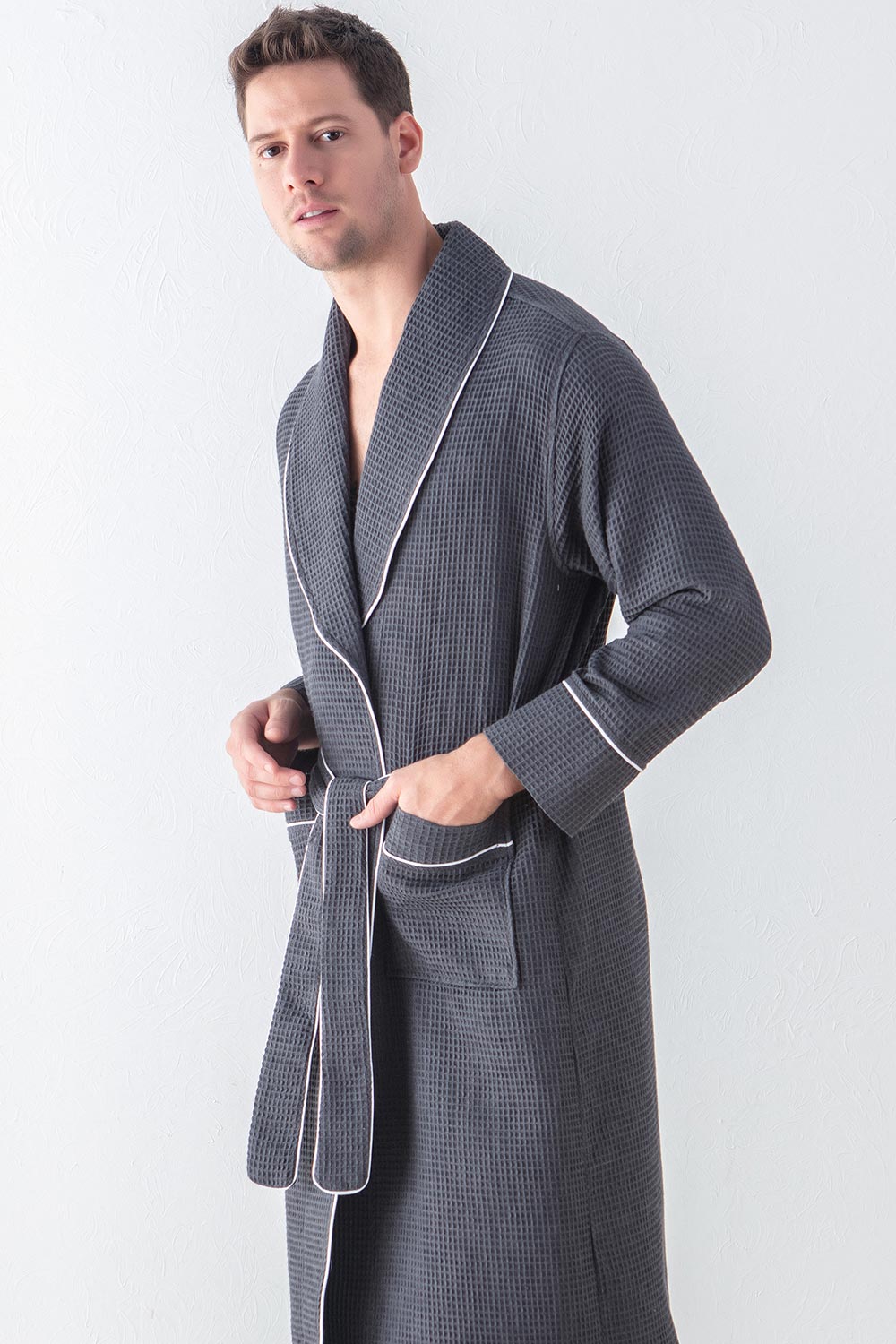 Picture of a Men's Luxury Waffle Knit Robe in grey front view