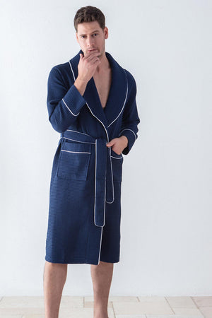 Picture of a Men's Luxury Waffle Knit Robe in dark blue front