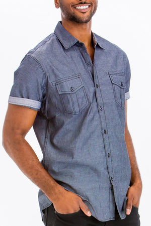 Picture of a Men's Blue Short Sleeve Button Down Dress Shirt front