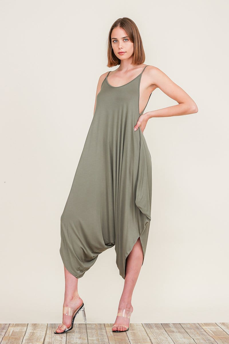 Picture of a Women's Plain Baggy Jumpsuit front leaning in green