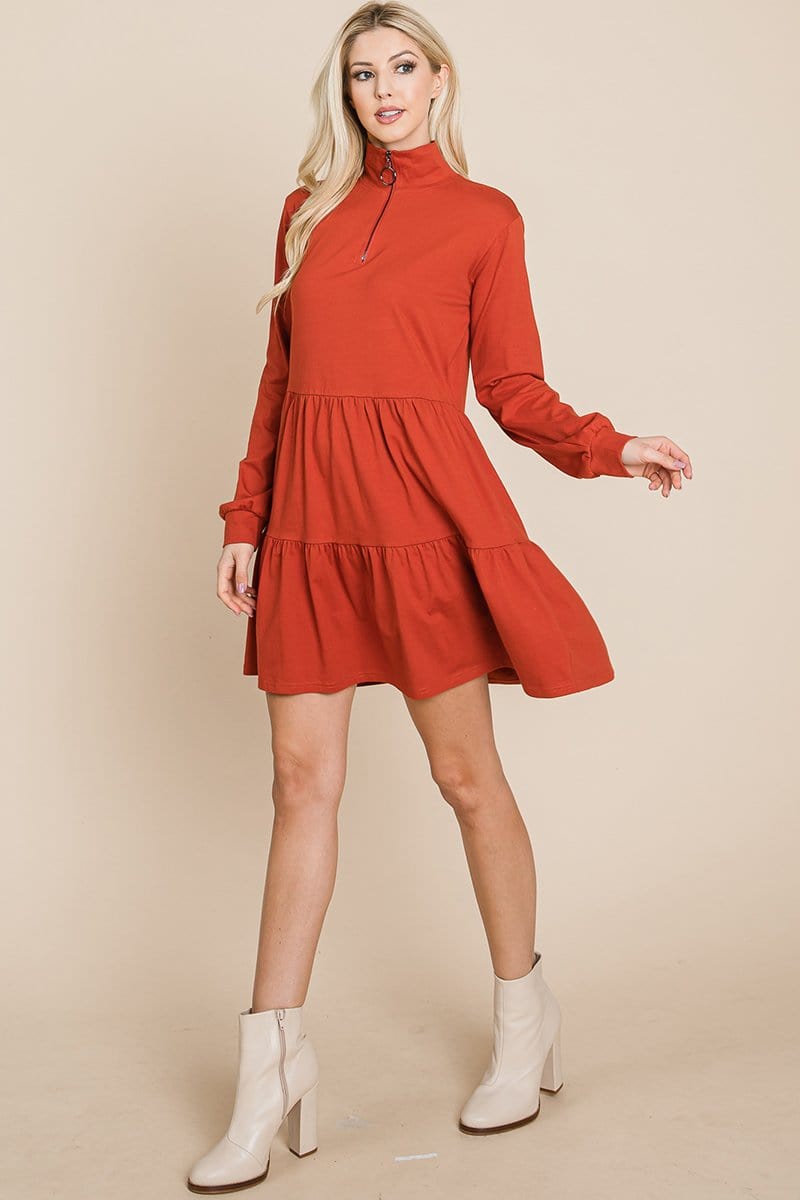 Layered Cotton Dress in rust color front view
