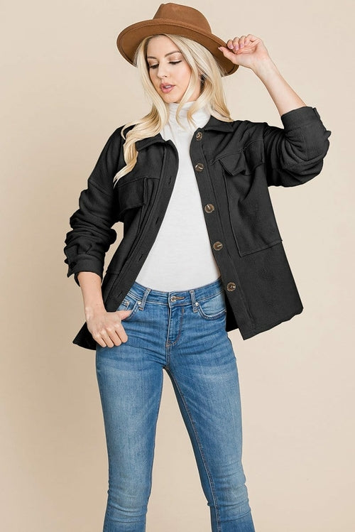 Picture of a Women's Fleece Jacket with Lapel Buttons front black un buttoned