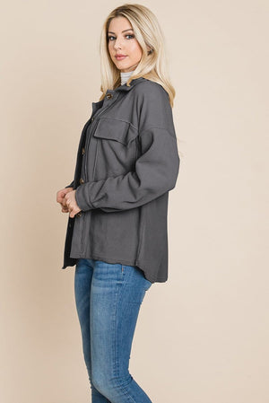 Picture of a Women's Fleece Jacket with Lapel Buttons side view grey