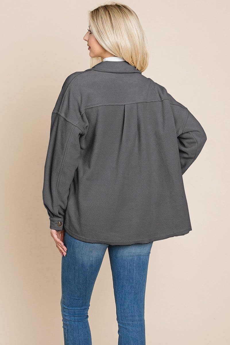 Picture of a Women's Fleece Jacket with Lapel Buttons back view grey