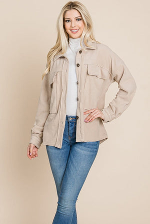 Picture of a Women's Fleece Jacket with Lapel Buttons Khaki front view