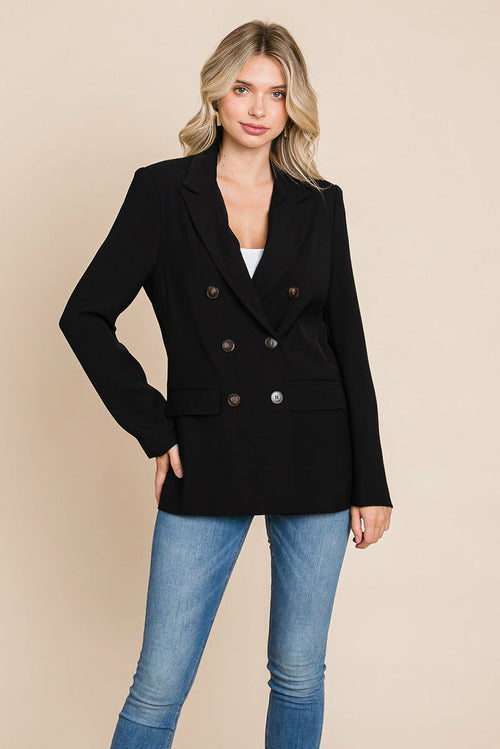 Picture of a women wearing Women's Professional Double Breasted Lapel Collar Jacket Blazer in black front view