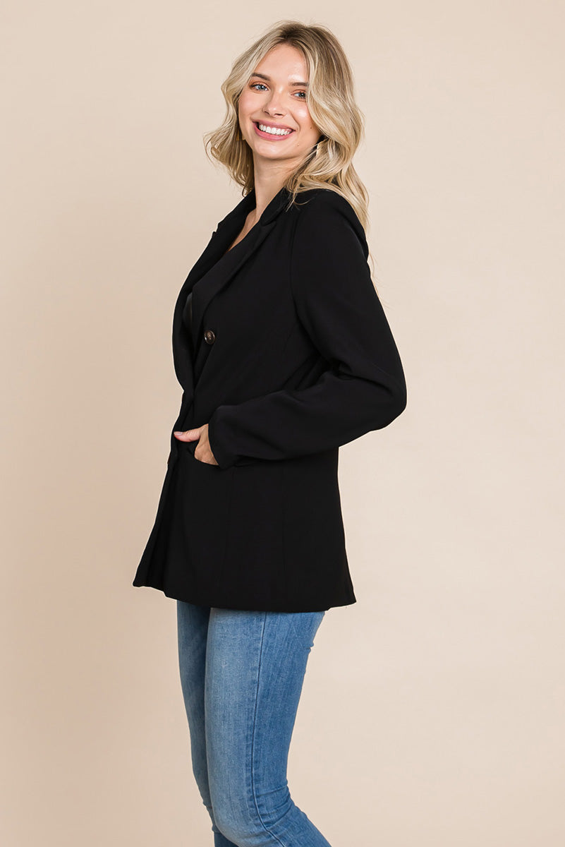 Picture of a women wearing Women's Professional Double Breasted Lapel Collar Jacket Blazer in black side view