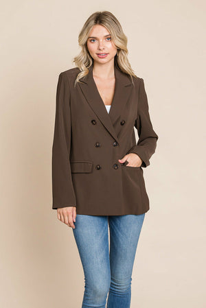 Picture of a women wearing Women's Professional Double Breasted Lapel Collar Jacket Blazer in brown front view