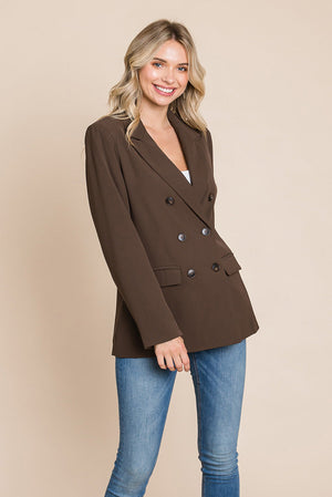 Picture of a women wearing Women's Professional Double Breasted Lapel Collar Jacket Blazer in brown side view