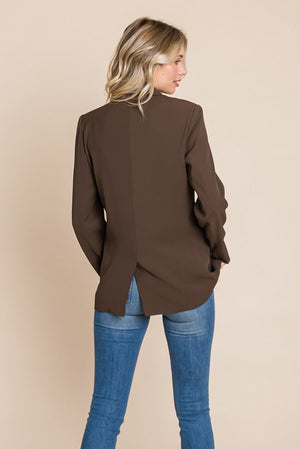 Picture of a women wearing Women's Professional Double Breasted Lapel Collar Jacket Blazer in brown back view