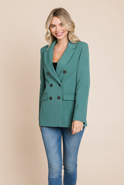 Picture of a woman wearing Women's Professional Double Breasted Lapel Collar Jacket Blazer in green front view