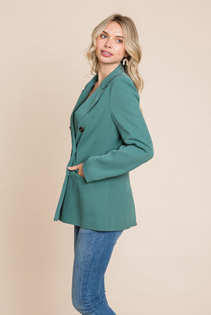 Picture of a women wearing Women's Professional Double Breasted Lapel Collar Jacket Blazer in green side view