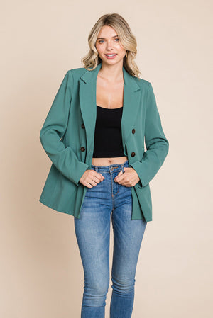 Picture of a women wearing Women's Professional Double Breasted Lapel Collar Jacket Blazer in green front open