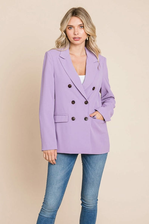 Picture of a women wearing Women's Professional Double Breasted Lapel Collar Jacket Blazer in lavender front view 