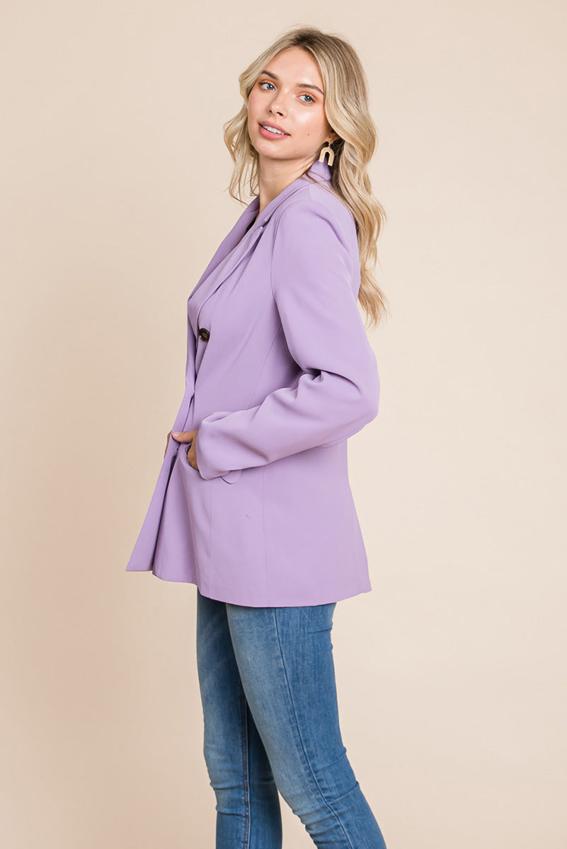Picture of a women wearing Women's Professional Double Breasted Lapel Collar Jacket Blazer in lavender side view