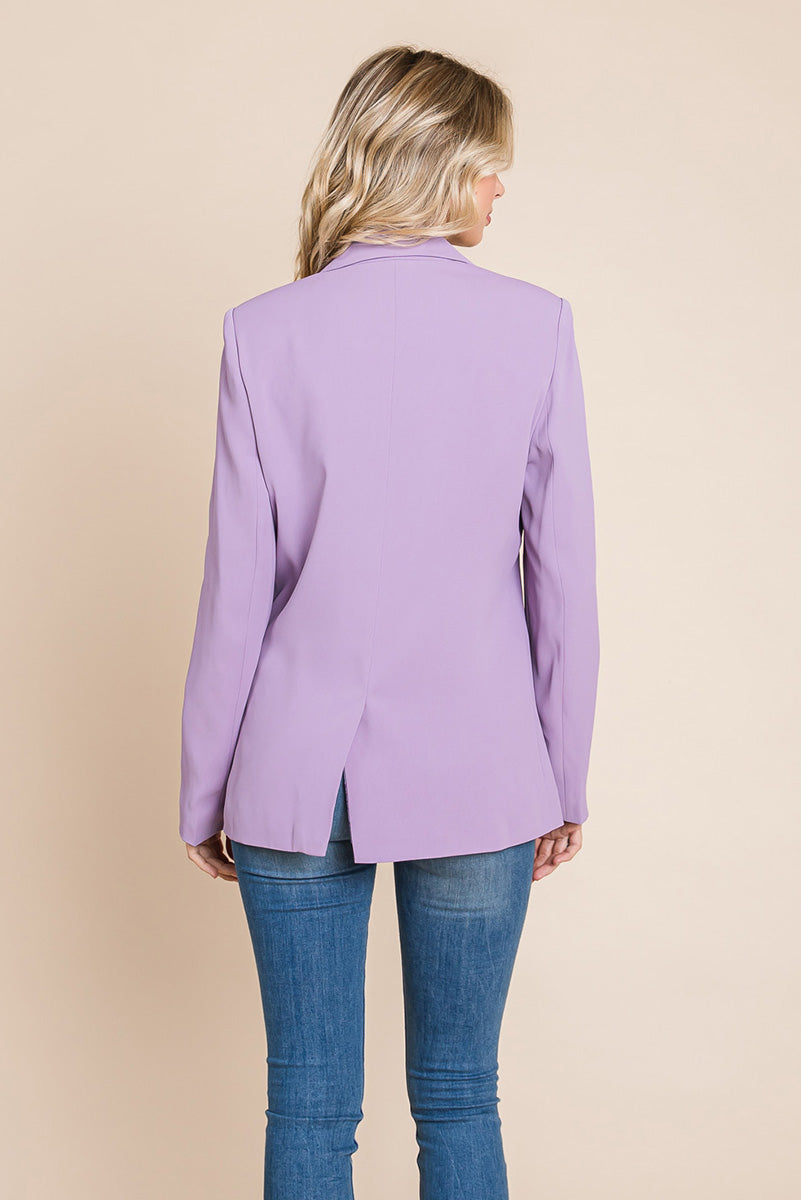 Picture of a women wearing Women's Professional Double Breasted Lapel Collar Jacket Blazer in lavender back view