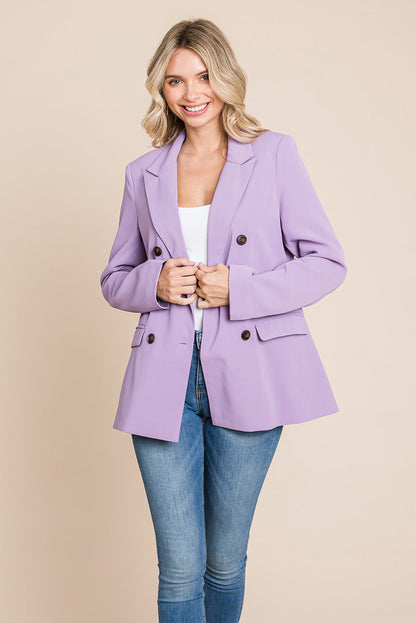 Picture of a women wearing Women's Professional Double Breasted Lapel Collar Jacket Blazer in lavender front open