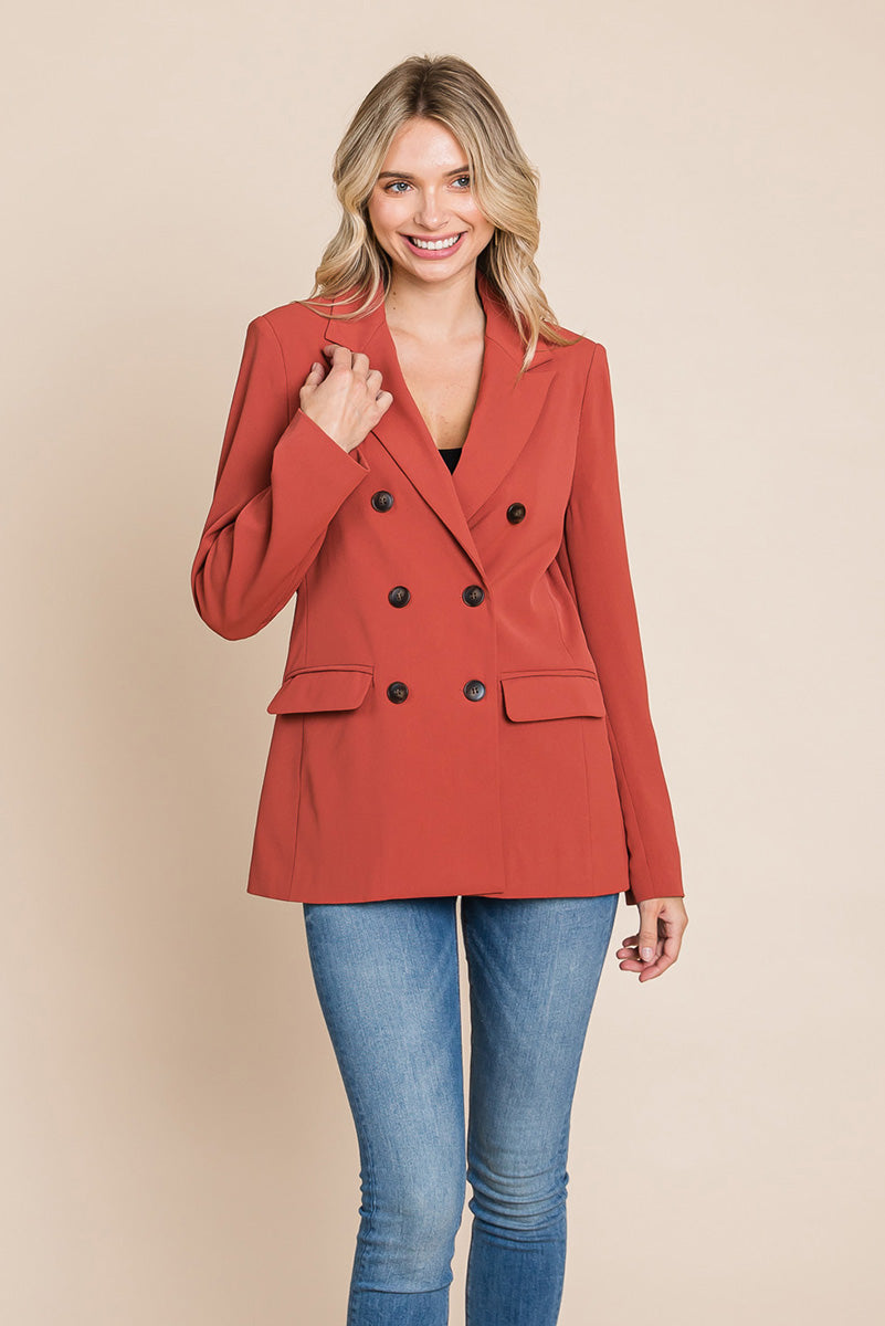 Picture of a women wearing Women's Professional Double Breasted Lapel Collar Jacket Blazer in rust front view