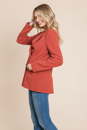 Picture of a women wearing Women's Professional Double Breasted Lapel Collar Jacket Blazer in rust side view