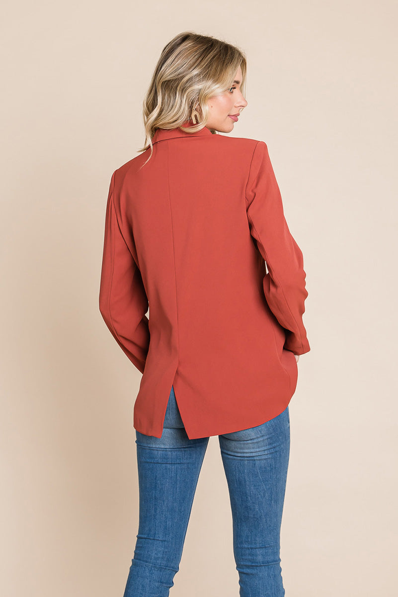 Picture of a women wearing Women's Professional Double Breasted Lapel Collar Jacket Blazer in rust back view