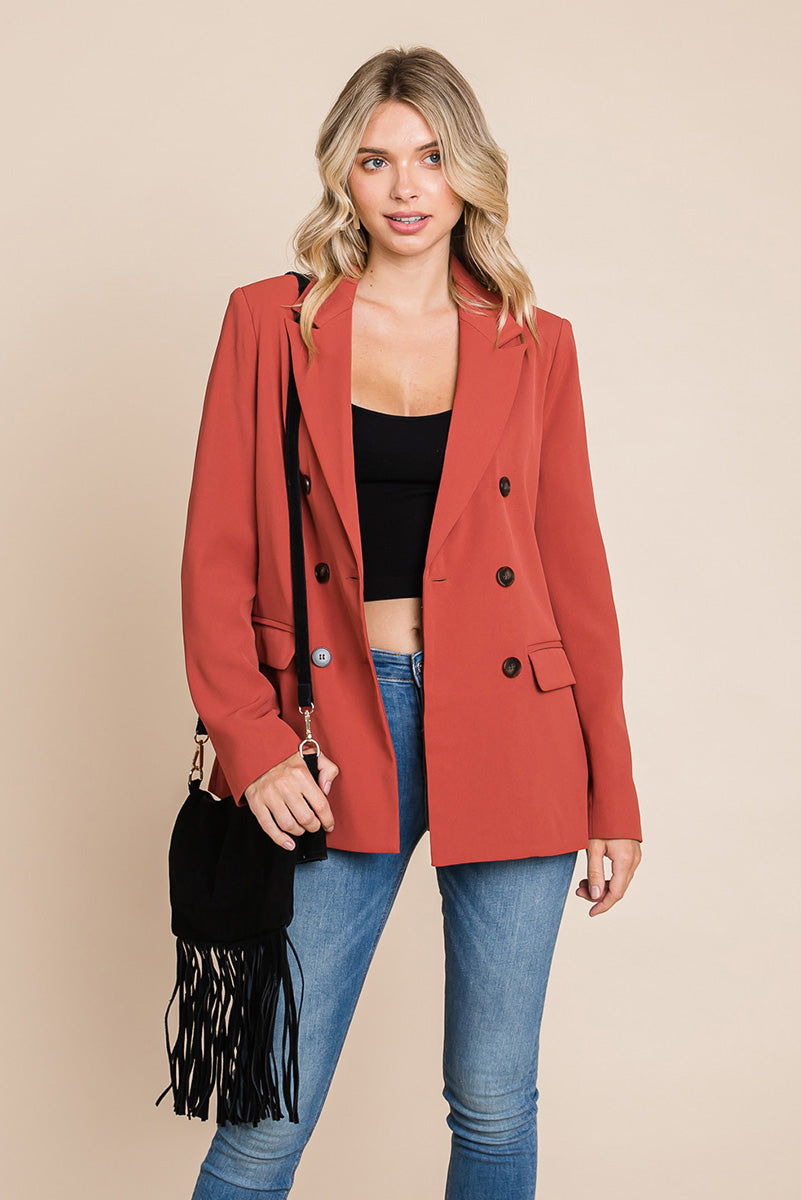 Picture of a women wearing Women's Professional Double Breasted Lapel Collar Jacket Blazer in rust open front