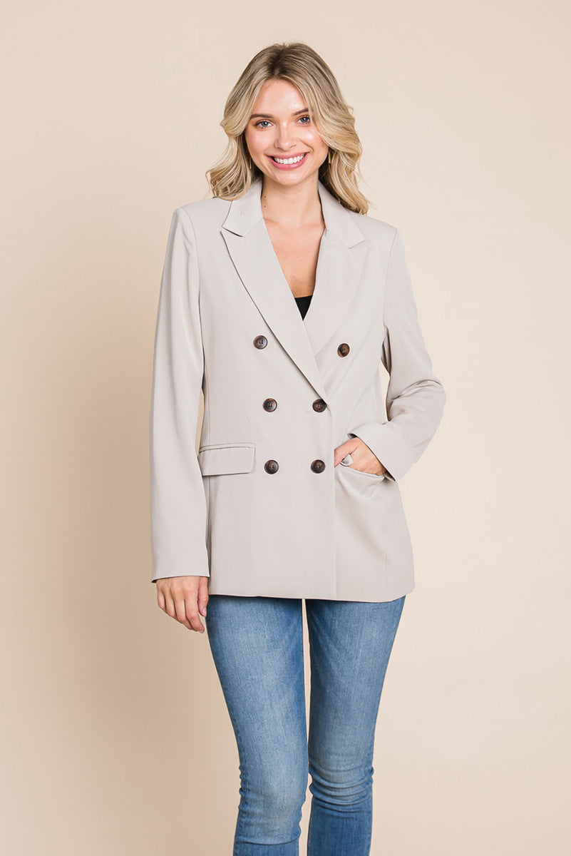 Picture of a women wearing Women's Professional Double Breasted Lapel Collar Jacket Blazer in stone front view