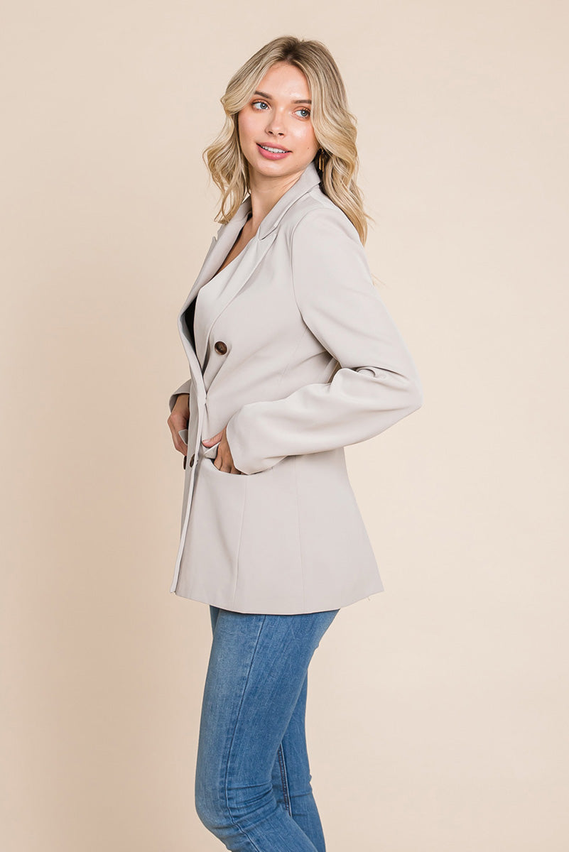 Picture of a women wearing Women's Professional Double Breasted Lapel Collar Jacket Blazer in stone side view