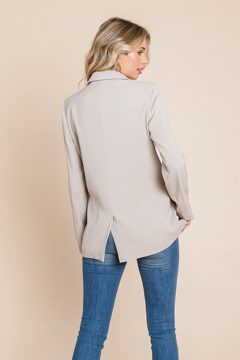 Picture of a women wearing Women's Professional Double Breasted Lapel Collar Jacket Blazer in stone back view