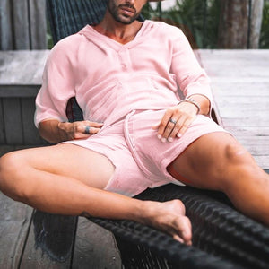 Men's Comfortable Two-Piece Shirt and Shorts Set pink