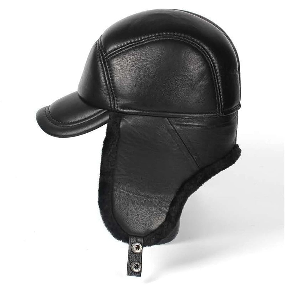 Winter Faux Leather Baseball Cap with Ear Warmers side view black