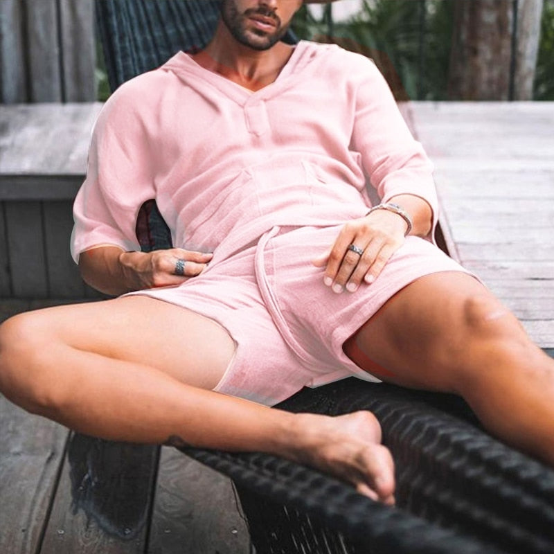 Men's Comfortable Two-Piece Shirt and Shorts Set light pink