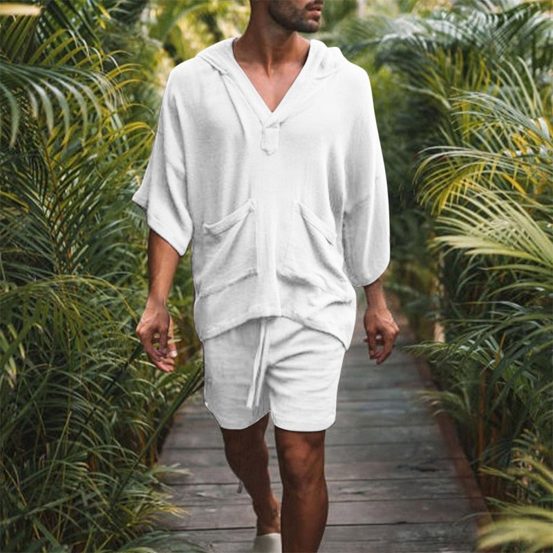 Men's Comfortable Two-Piece Shirt and Shorts Set white