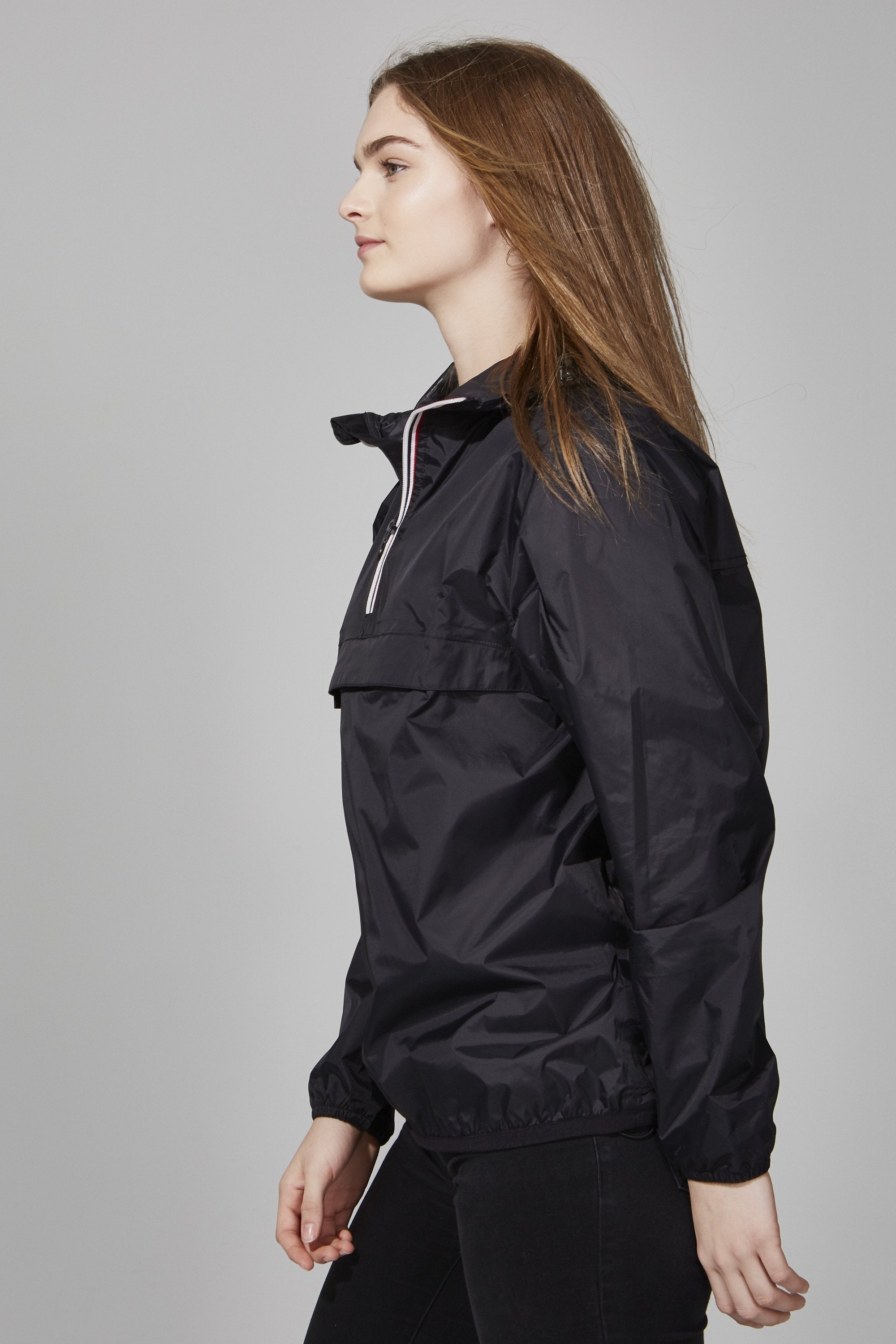 Picture of a Women's Quarter Zip Black Waterproof Rain Jacket side view