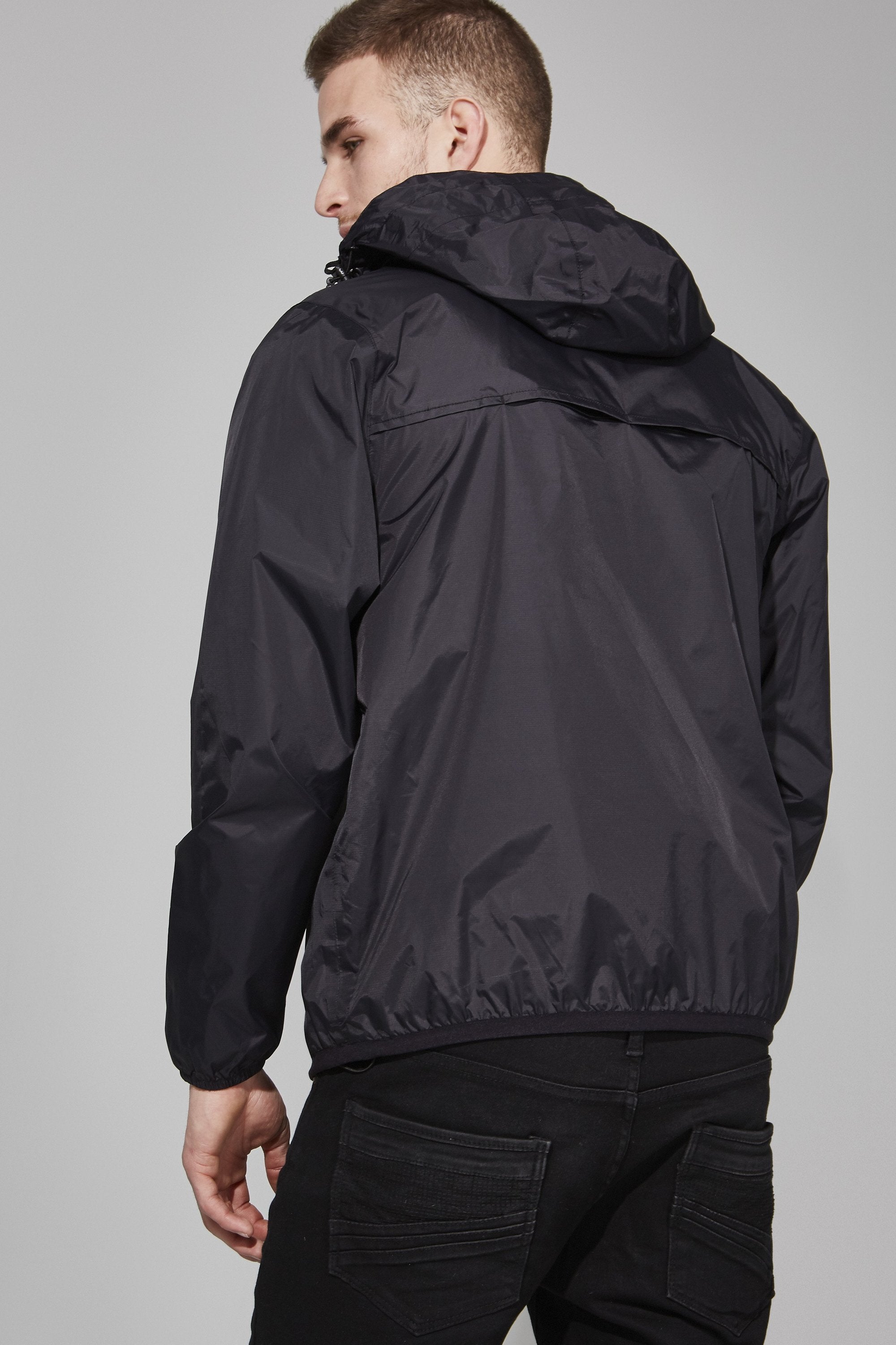 Picture of a Men's Quarter Zip Black Waterproof Rain Jacket back view